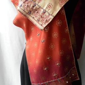 Brick gold ombre satin sari reversible handmade hand beaded shawl