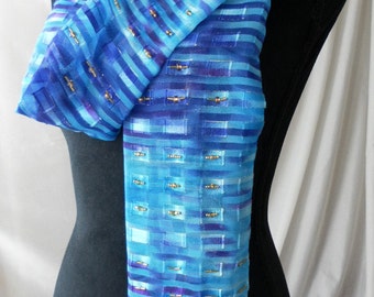 Turquoise purple silver satin squares chiffon handmade hand beaded scarf