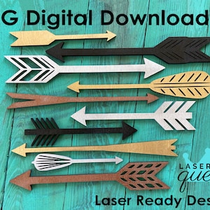 May include: A set of ten SVG digital download files for laser cutting arrow designs. The arrows are in various styles and colors, including black, white, brown, and gold. The designs are laser-ready and perfect for crafting projects.