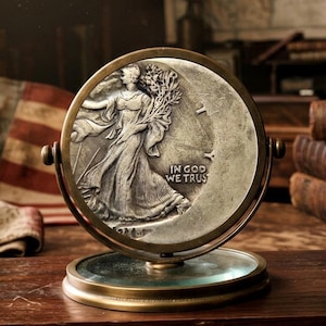 May include: A silver-toned circular coin display featuring a relief of a walking figure draped in fabric, holding branches. The coin is inscribed with the text IN GOD WE TRUST and is mounted in a rotating brass-coloured metal frame on a circular base.