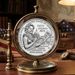 May include: A silver-toned commemorative quarter coin featuring a portrait of Patsy Takemoto Mink, the U.S. Capitol building, and a document labeled Title IX. The coin is displayed in a circular brass-colored metal frame with a rotating stand.