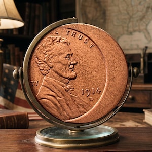 May include: A large, circular, copper-coloured decorative object resembling a 1914 Lincoln penny, featuring the profile of Abraham Lincoln, the text "IN GOD WE TRUST", and the date "1914 D". It is mounted on a brass-coloured metal swivel stand.