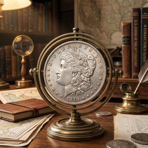 May include: A silver 1879 Morgan dollar coin mounted in a rotating brass display stand. The coin features the profile of Lady Liberty, the text E PLURIBUS UNUM, and thirteen stars. The stand has a circular frame and a sturdy, round base.