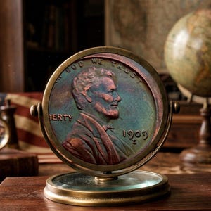 May include: A large, circular, metallic display piece featuring a relief of Abraham Lincoln in profile, modelled after a 1909 S penny. The coin-like object has a copper and teal patina, is inscribed with "IN GOD WE TRUST" and "LIBERTY," and sits on a stand.