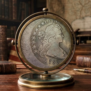 May include: A large, circular, antique-style coin display stand made of brass, featuring a silver-toned 1795 Liberty coin with a profile portrait and stars. The coin is mounted within a rotating brass ring frame on a circular base.