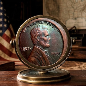 May include: A circular, copper-coloured metal sculpture featuring the profile of Abraham Lincoln, modelled after a 1955 penny. The piece includes the embossed text IN GOD WE TRUST, LIBERTY, and 1955, mounted within a rotating brass-coloured metal frame.