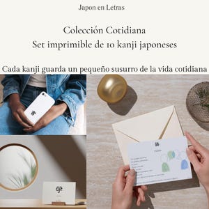 May include: A printable set of 10 Japanese kanji cards featuring the text Japon en Letras, Colección Cotidiana, and Set imprimible de 10 kanji japoneses. The cards display various kanji characters, including the word Hablar with illustrations.
