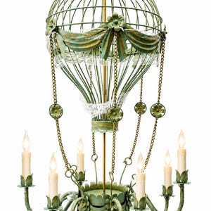 Vintage Hot Air Balloon Chandelier, Distressed Green Metal Hanging Light, French Country Nursery Fixture