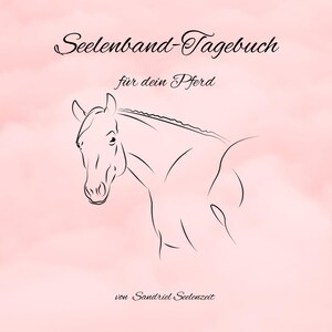 Può includere: Una copertina di diario rosa tenue con un'illustrazione a linee nere della testa e del collo di un cavallo. Il testo Seelenband-Tagebuch für dein Pferd von Sandriel Seelenzeit è scritto in un carattere corsivo nero centrato sulla copertina.