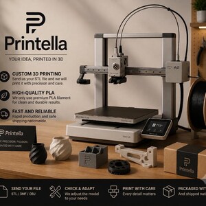 Può includere: Una stampante 3D con una bobina di filamento nero, un display digitale e una testina di stampa. Il testo recita: Printella, Your Idea, Printed in 3D, Custom 3D Printing, High-Quality PLA, Fast and Reliable, Send Your File, Check & Adapt, Print With Care, Packaged With Care.