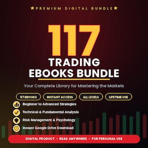 Puede incluir: Un paquete de productos digitales con 117 libros electrónicos sobre trading. El gráfico muestra el texto 117 TRADING EBOOKS BUNDLE, Your Complete Library for Mastering the Markets, y enumera características como estrategias y análisis.