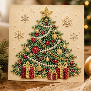 May include: A square greeting card featuring a Christmas tree design crafted from small green, red, and gold beads and white pearls. The tree is topped with a gold star and decorated with bead ornaments, garlands, and three red gift boxes.