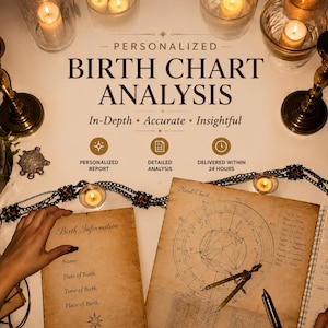 May include: A personalized birth chart analysis document featuring the text "PERSONALIZED BIRTH CHART ANALYSIS" with sections for name, date, time, and place of birth, alongside a circular natal chart, a metal compass, and lit candles.