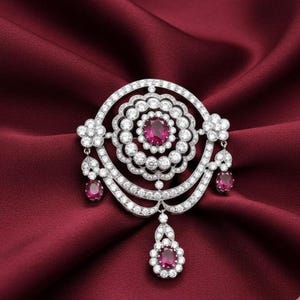 Floral Ruby Sapphire Brooch, 14K Yellow Gold Plated Sterling Silver, Art Nouveau Bridal Pin