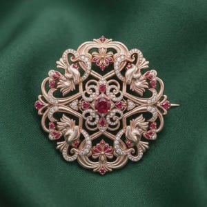 Könnte beinhalten: Eine kreisförmige Brosche aus Roségold mit einem komplizierten Filigran-Design und vier stilisierten Vogelmotiven. Das Schmuckstück ist mit einem zentralen runden roten Edelstein, kleineren birnenförmigen roten Steinen und vielen weißen Kristallen besetzt.
