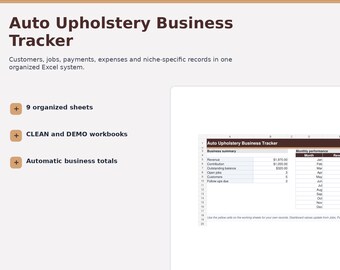 Auto Upholstery Excel Tracker, Vehicle Jobs, Materials and Payments