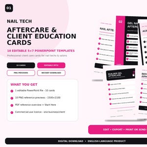 Nail Tech Aftercare Cards, 10 Editable Client Education Templates, 5x7 PowerPoint