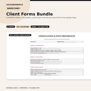 May include: A digital bundle of 8 editable barber client forms including intake, consultation, and service records. The preview shows a Consultation & Style Preferences form with sections for haircut preferences, beard and facial hair, and notes.