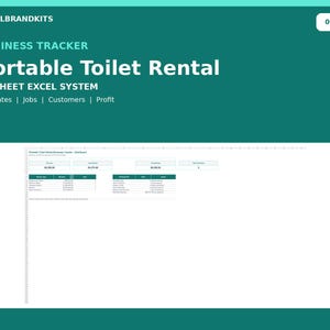 May include: A digital business tracker for portable toilet rental services, featuring a 15-sheet Excel system. The teal-colored interface displays text including LOCALBRANDKITS, Business Tracker, Portable Toilet Rental, and 15-Sheet Excel System.