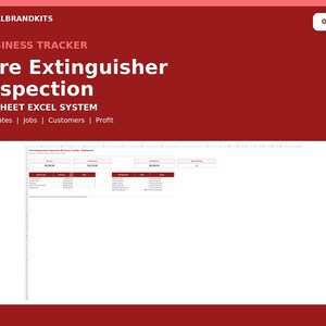 May include: A digital business tracker for fire extinguisher inspections, presented as a 15-sheet Excel system. The red graphic displays the text LOCALBRANDKITS, BUSINESS TRACKER, Fire Extinguisher Inspection, 15-SHEET EXCEL SYSTEM, and Estimates | Jobs | Customers | Profit.