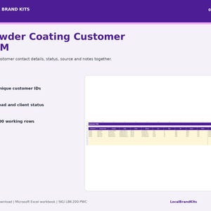 Customer CRM sheet for Powder Coating contacts lead status source address and notes.
