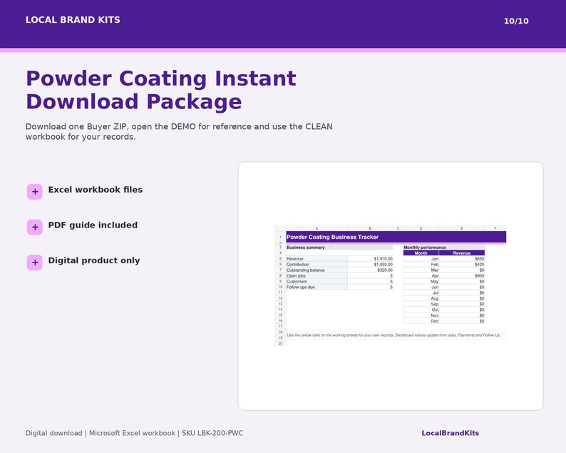 Instant download Buyer ZIP containing CLEAN and DEMO Excel workbooks Quick Start PDF README and license.