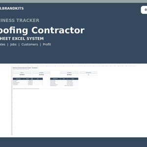 Può includere: Un tracker aziendale digitale per appaltatori di coperture, presentato come un sistema Excel a 15 fogli. L'intestazione blu scuro mostra il testo LOCALBRANDKITS, BUSINESS TRACKER, Roofing Contractor, 15-SHEET EXCEL SYSTEM, Estimates, Jobs, Customers, Profit.