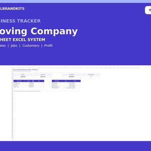 May include: A digital business tracker for a moving company, presented as a 15-sheet Excel system. The blue interface displays text including LOCALBRANDKITS, 01/10, BUSINESS TRACKER, Moving Company, 15-SHEET EXCEL SYSTEM, Estimates, Jobs, Customers, and Profit.