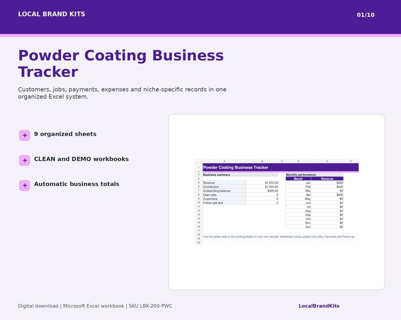 Powder Coating Business Tracker Excel spreadsheet cover with dashboard for jobs customers payments expenses and profitability.