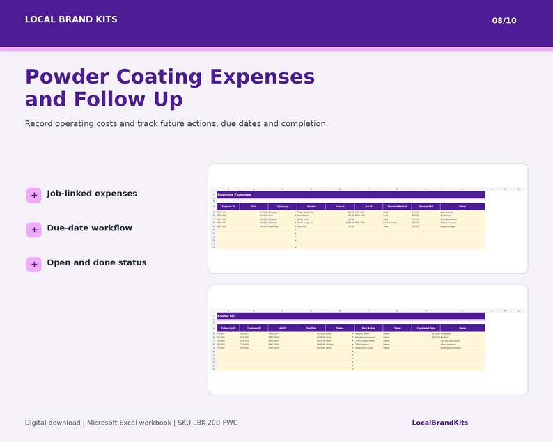 Business expenses and follow-up sheets for job costs due dates next actions owners and completion status.