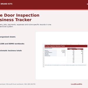 Peut inclure: Un système Excel numérique de suivi d'inspection de portes coupe-feu comprenant 9 feuilles organisées, des classeurs propres et de démonstration, et des totaux automatiques. L'interface affiche un résumé commercial et un tableau de performance.