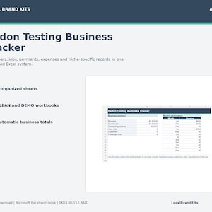Op de afbeelding: Een digitaal Excel-werkboek voor het bijhouden van radon-testbedrijven met negen georganiseerde bladen, schone en demo-versies en automatische totalen. De interface toont een zakelijke samenvatting en een tabel met maandelijkse prestaties voor het bijhouden.