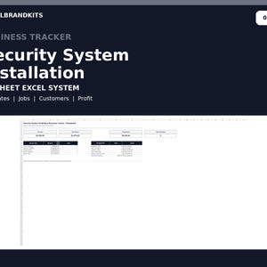 Può includere: Un sistema Excel a 15 fogli per il monitoraggio dell'installazione di sistemi di sicurezza su sfondo blu scuro. Il testo riporta LOCALBRANDKITS, 01/10, BUSINESS TRACKER, Security System Installation, 15-SHEET EXCEL SYSTEM, Estimates, Jobs, Customers, Profit.
