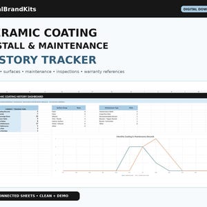 Può includere: Un download digitale per un tracker della cronologia di installazione e manutenzione del rivestimento ceramico. Il documento presenta una dashboard con tabelle per tracciare record, tipi di superficie e visite di manutenzione, più un grafico.