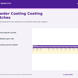 Coating Batches sheet with niche-specific fields for Powder Coating business records and service workflow.