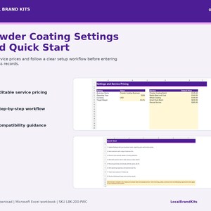 Settings and Quick Start sheets with editable service pricing and setup instructions for the Excel tracker.