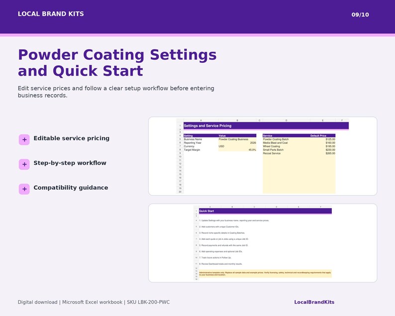 Settings and Quick Start sheets with editable service pricing and setup instructions for the Excel tracker.