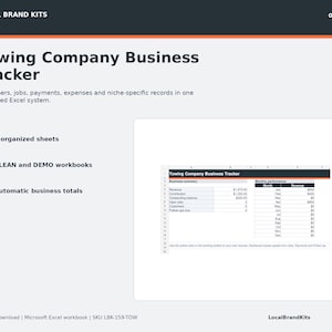 May include: A digital Towing Company Business Tracker Excel system featuring 9 organized sheets, clean and demo workbooks, and automatic business totals. The interface displays a business summary and monthly performance table for tracking revenue.