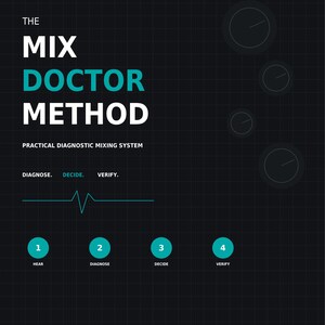 May include: A black field manual titled The Mix Doctor Method, featuring a grid background, teal and white text, a heartbeat line graphic, four circular icons labeled Hear, Diagnose, Decide, and Verify, and four faint clock-like circular outlines.
