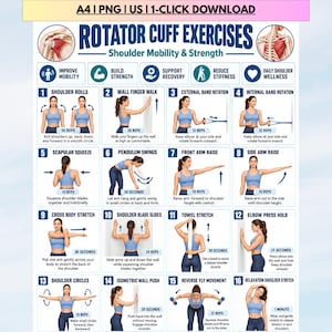 May include: A digital instructional chart titled Rotator Cuff Exercises Shoulder Mobility & Strength, featuring sixteen numbered illustrations of a person performing various physical therapy movements with text descriptions and repetition counts.