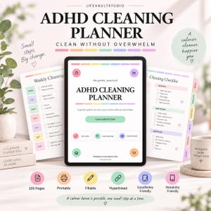 Op de afbeelding: Een digitale ADHD-schoonmaakplanner op een tabletscherm, met een wekelijks schoonmaakschema en checklist in pastelkleurige secties. De interface bevat iconen voor taken, routines en energiegebaseerde planning met bijbehorende tekstlabels.