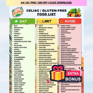 Puede incluir: Una lista de alimentos digital A4 para celíacos y sin gluten con tres columnas codificadas por colores tituladas Eat, Limit y Avoid. El documento incluye un logotipo de Eat Healthy, un gráfico de regalo y una etiqueta Extra Bonus.
