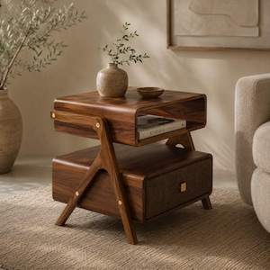 Pode incluir: Uma mesa de apoio em madeira escura com uma prateleira superior aberta contendo um livro e uma pequena taça, e uma gaveta inferior com frente texturizada e um puxador dourado. A mesa assenta em pernas angulares com detalhes dourados.