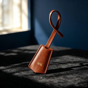 May include: A tan leather luggage tag with a loop strap and visible stitching along the edges. The tag features the gold embossed letters WK centered on the front surface. The design includes a tapered shape with a smooth, matte finish.