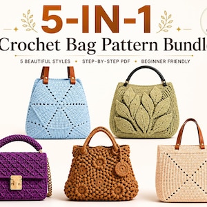 May include: A 5-in-1 crochet bag pattern bundle featuring five distinct designs: a light blue geometric bag, a sage green leaf-textured bag, a purple diamond-patterned bag with a gold clasp, a brown floral-textured bag, and a beige square-patterned bag.
