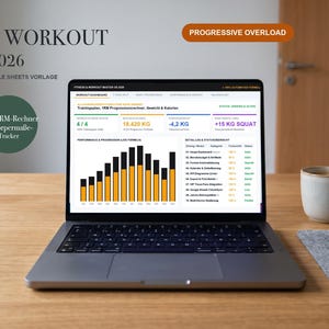 Könnte beinhalten: Ein Laptop zeigt ein Fitness & Workout Master OS 2026 Dashboard mit Diagrammen, Fortschrittskennzahlen und einer Übungsliste. Der Bildschirm präsentiert Daten für Trainingspläne, Gewichtstracking und Kalorienberechnungen in Tabellenform.