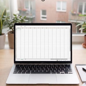 Könnte beinhalten: Ein silberner Laptop mit einer leeren Tabellenkalkulation auf dem Bildschirm und dem Text Time Tracking 2027 AlltagsArchitect darüber. Ein kreisförmiges Abzeichen in der Ecke zeigt Etsy DIGITAL DOWNLOAD INSTANT DOWNLOAD mit einem Stern.
