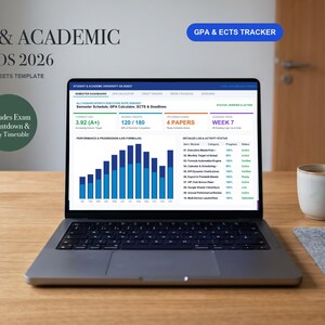 Könnte beinhalten: Ein Laptop mit einer automatisierten Excel- und Google Sheets-Vorlage namens Student & Academic University OS 2026. Der Bildschirm zeigt ein Dashboard mit GPA- und ECTS-Tracker, einem Balkendiagramm und einer Liste akademischer Aufgaben.