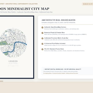 Könnte beinhalten: Ein kreisförmiger Stadtplan von London in botanischen Pastell- und Puderblautönen mit schwarzen Straßenlinien. Der Druck enthält den Text LONDON UNITED KINGDOM sowie eine Liste architektonischer Highlights und Kartendaten.