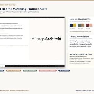 Könnte beinhalten: Die All-in-One Wedding Planner Suite 2026/2027 ist ein digitaler Planer mit einer Tabellenkalkulationsoberfläche, die Reiter für Countdown, RSVP-Tracker, Sitzordnung, Budget und Tagesablauf sowie vier Farbpaletten und vier PDF-Handbücher enthält.